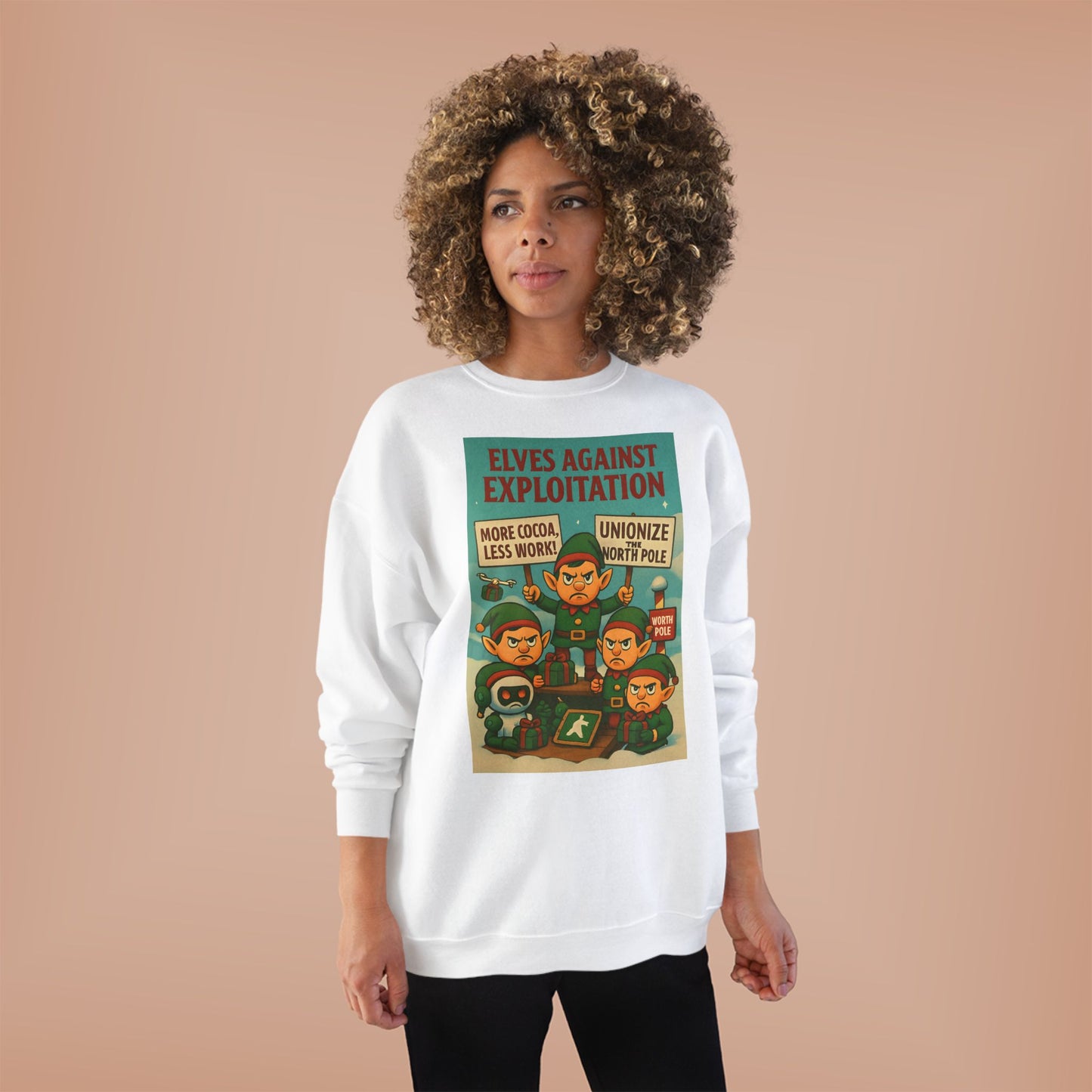 Elves Against Exploitation Sweatshirt, on strike labor — Holiday Activist Crewneck
