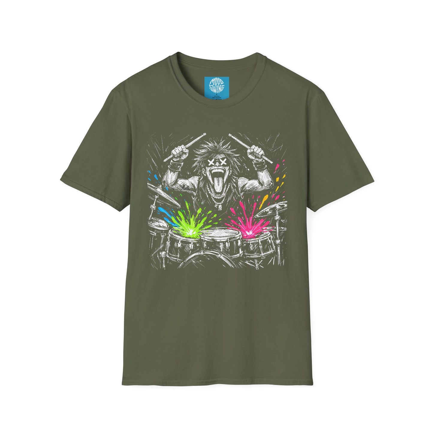 Drumming Graphic T-Shirt — Neon Splash Rock Band Tee
