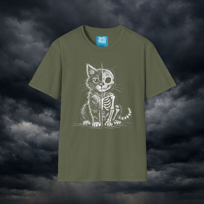 Cat Skeleton T-Shirt — Half-Skull Cute Gothic Cat Tee for Halloween & Cat Lovers