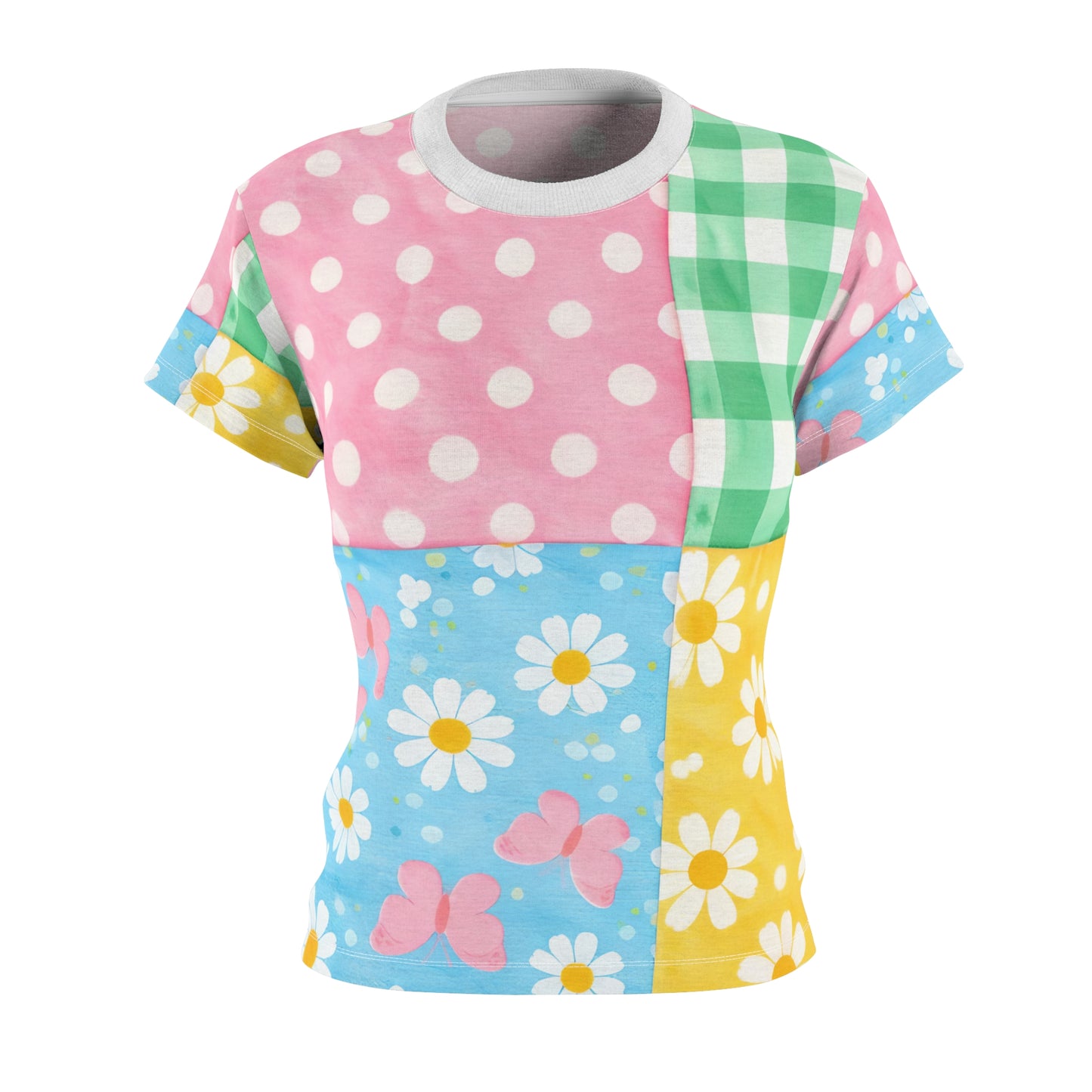 Women's Patchwork Floral spring Tee — Pastel Daisy & Polka Dot All-Over Print
