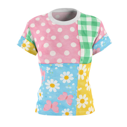Women's Patchwork Floral spring Tee — Pastel Daisy & Polka Dot All-Over Print