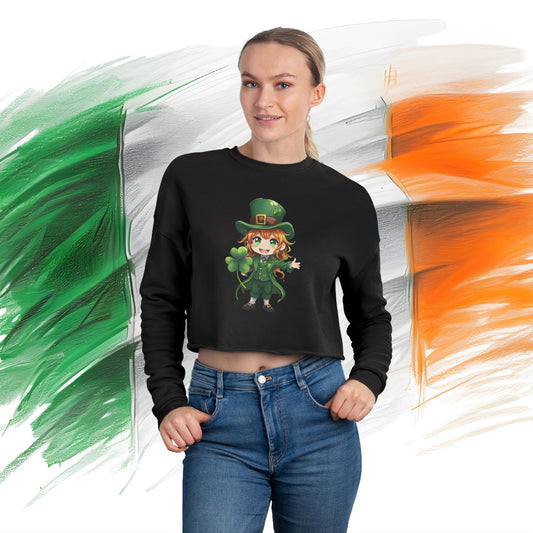 St. Patrick's Day Women's Cropped Sweatshirt with Cheerful Leprechaun Design