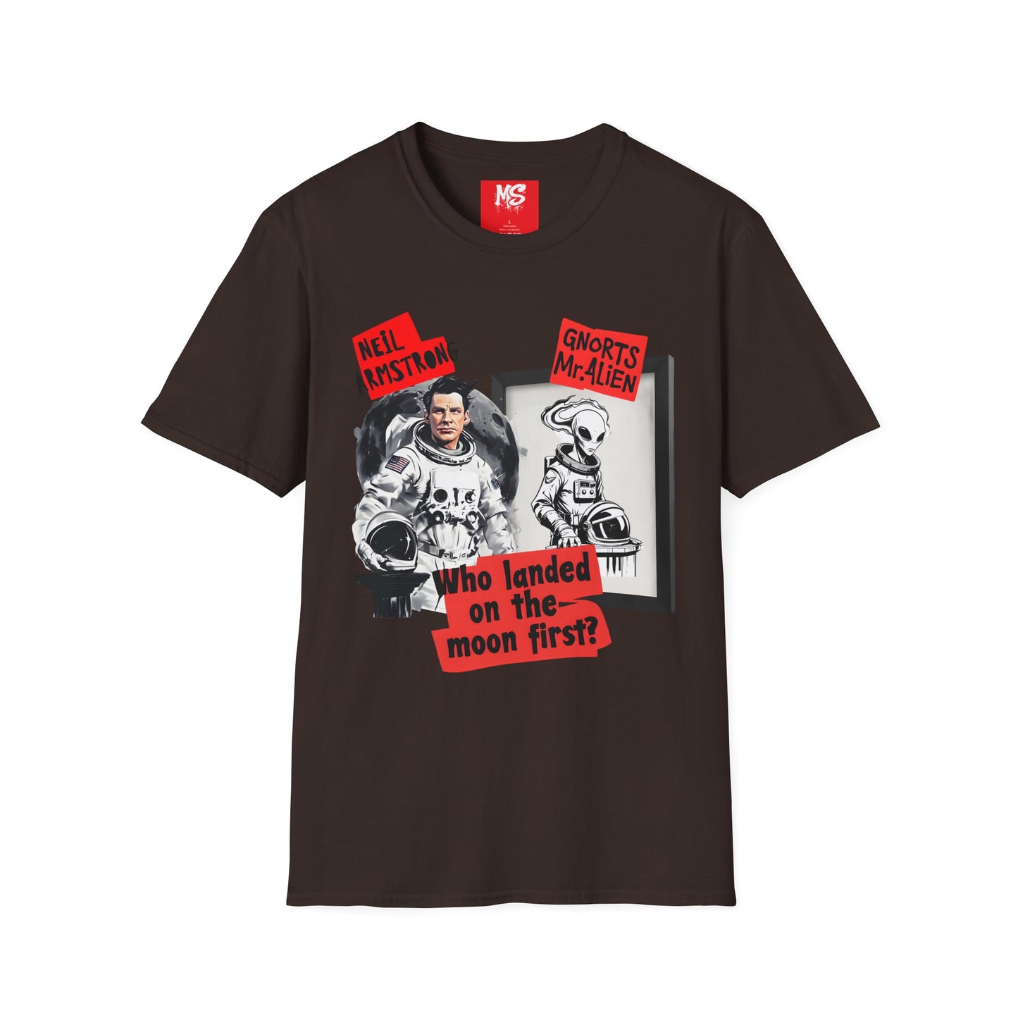Space Humor Unisex Softstyle T-Shirt - Neil Armstrong & Alien Design