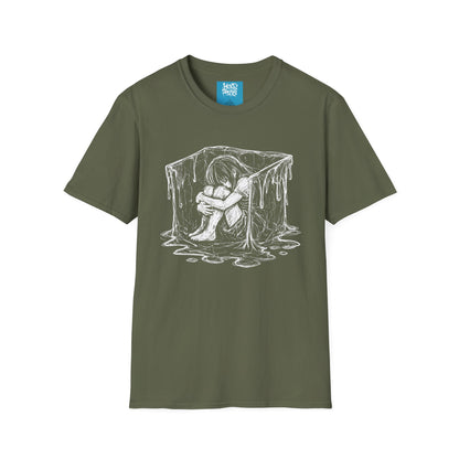 Gothic Melancholy T-Shirt — Sitting Girl in Melting Cube Illustration