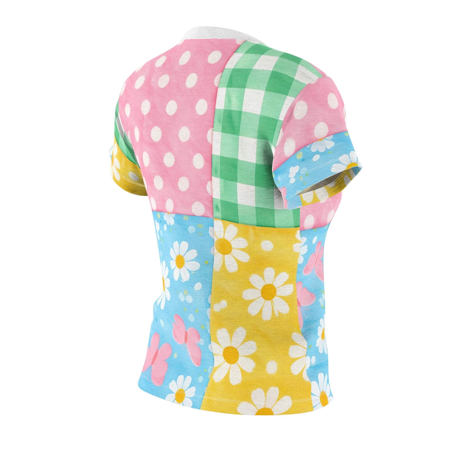 Women's Patchwork Floral spring Tee — Pastel Daisy & Polka Dot All-Over Print