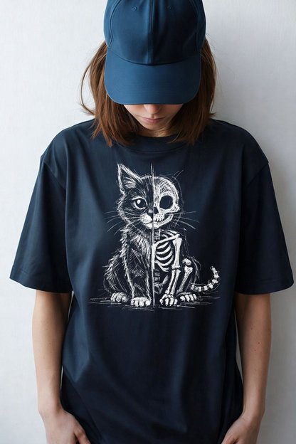 Cat Skeleton T-Shirt — Half-Skull Cute Gothic Cat Tee for Halloween & Cat Lovers