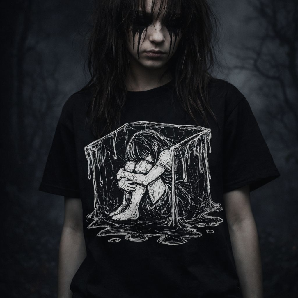 Gothic Melancholy T-Shirt — Sitting Girl in Melting Cube Illustration