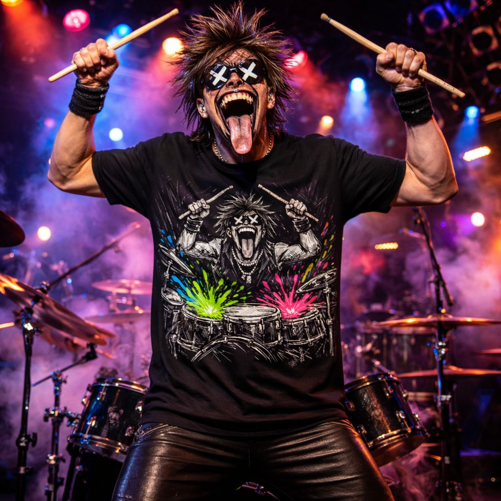 Drumming Graphic T-Shirt — Neon Splash Rock Band Tee