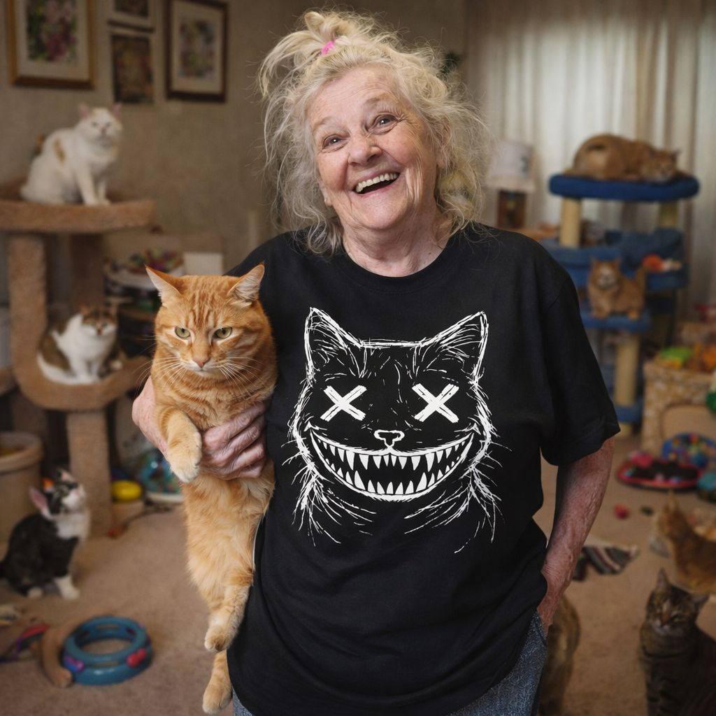 Creepy Grinning Cat T-Shirt — Gothic Horror Cat Tee