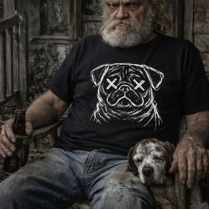 Pug crazy Tee — Distressed Sketch Pug Shirt with X-Eyed Design