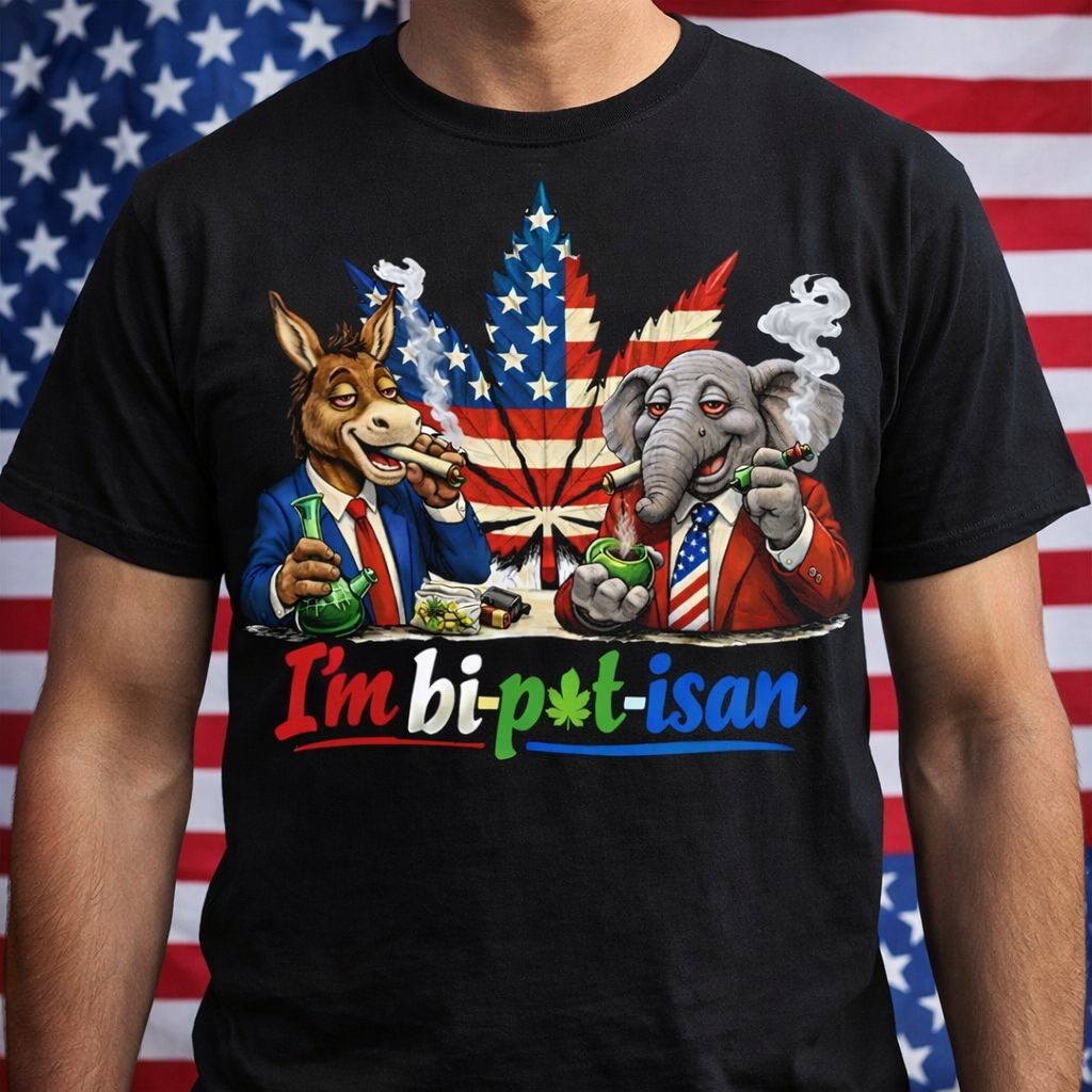 I'm bi-pot-isan Political pot weed T-Shirt — Bipartisan Elephant & Donkey Graphic