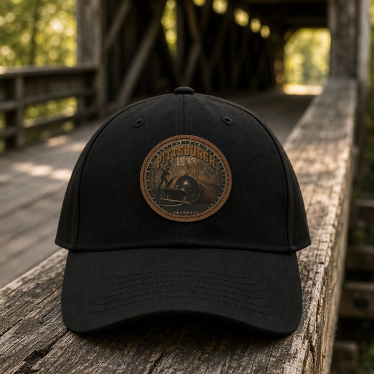 Pittsburgh Vintage Leather Patch Dad Hat — Retro City Skyline Baseball Cap
