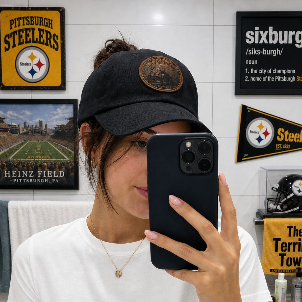 Pittsburgh Vintage Leather Patch Dad Hat — Retro City Skyline Baseball Cap