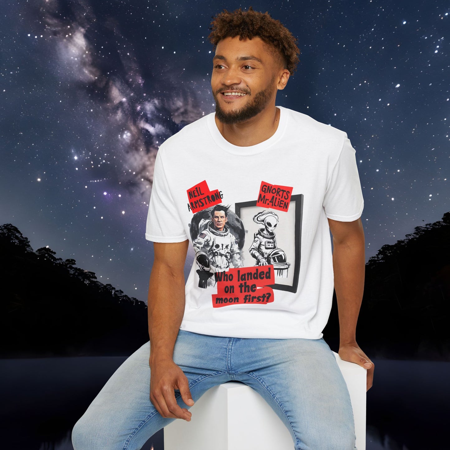 Space Humor Unisex Softstyle T-Shirt - Neil Armstrong & Alien Design