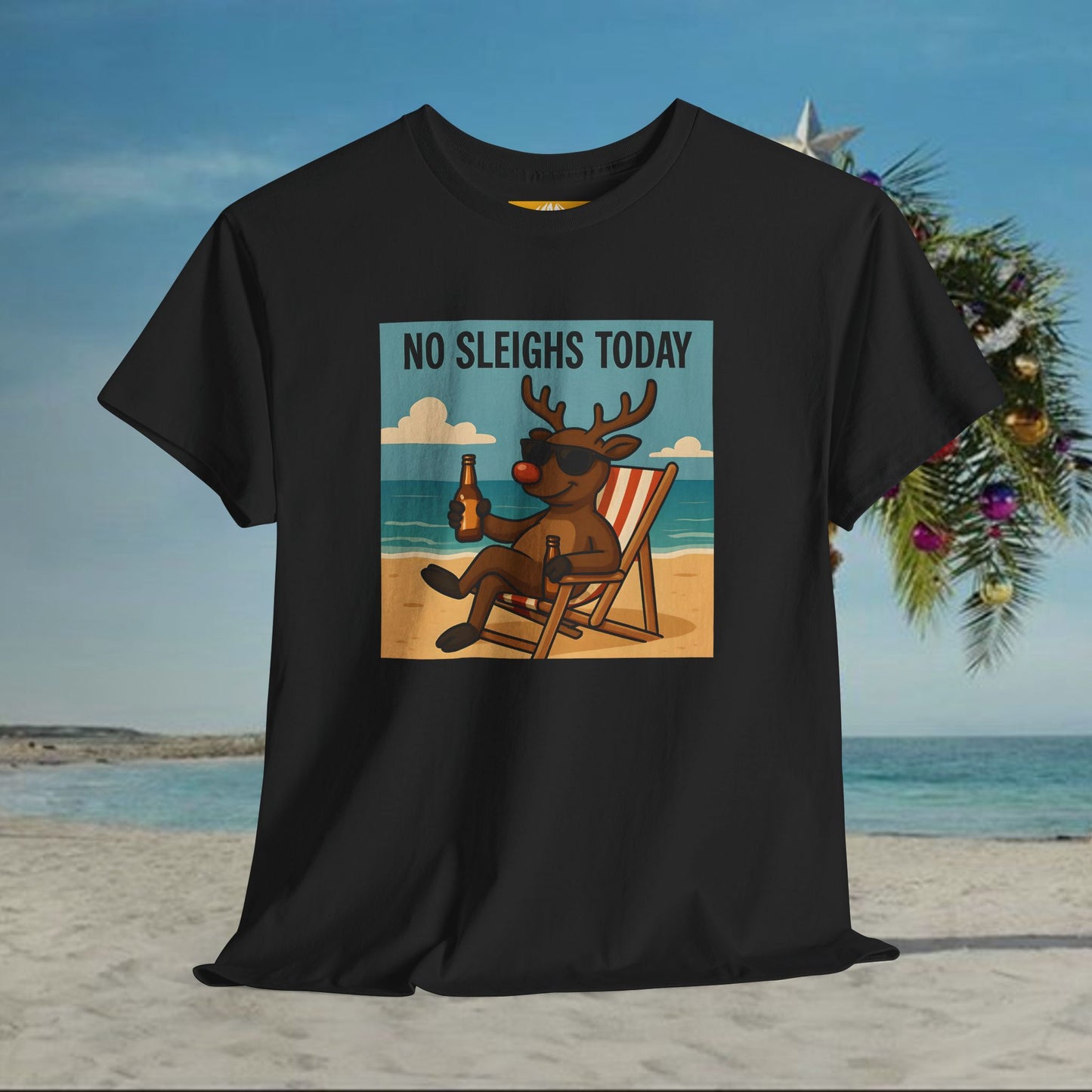 No Sleighs Today Christmas T-Shirt — Relaxing Reindeer Beach Holiday Tee
