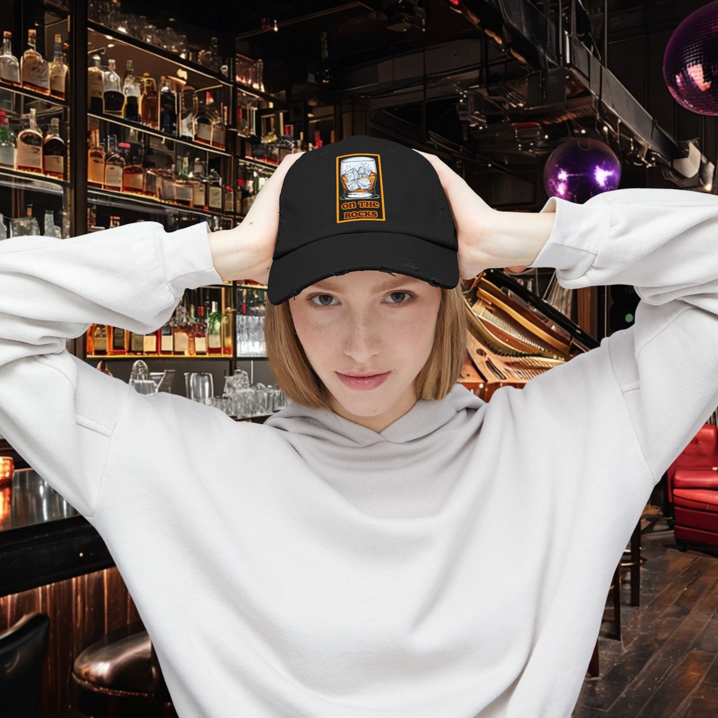 Unisex Distressed Cap - 'On The Rocks' Drink Design for Casual Cool Vibes