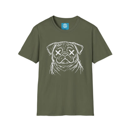 Pug crazy Tee — Distressed Sketch Pug Shirt with X-Eyed Design