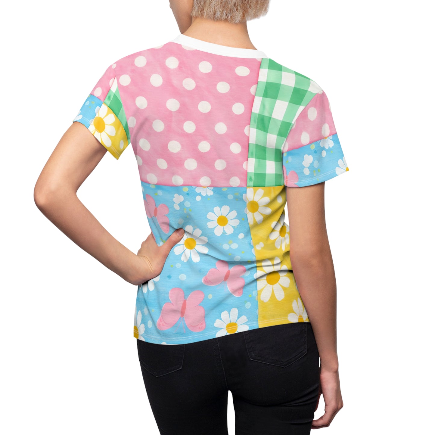 Women's Patchwork Floral spring Tee — Pastel Daisy & Polka Dot All-Over Print