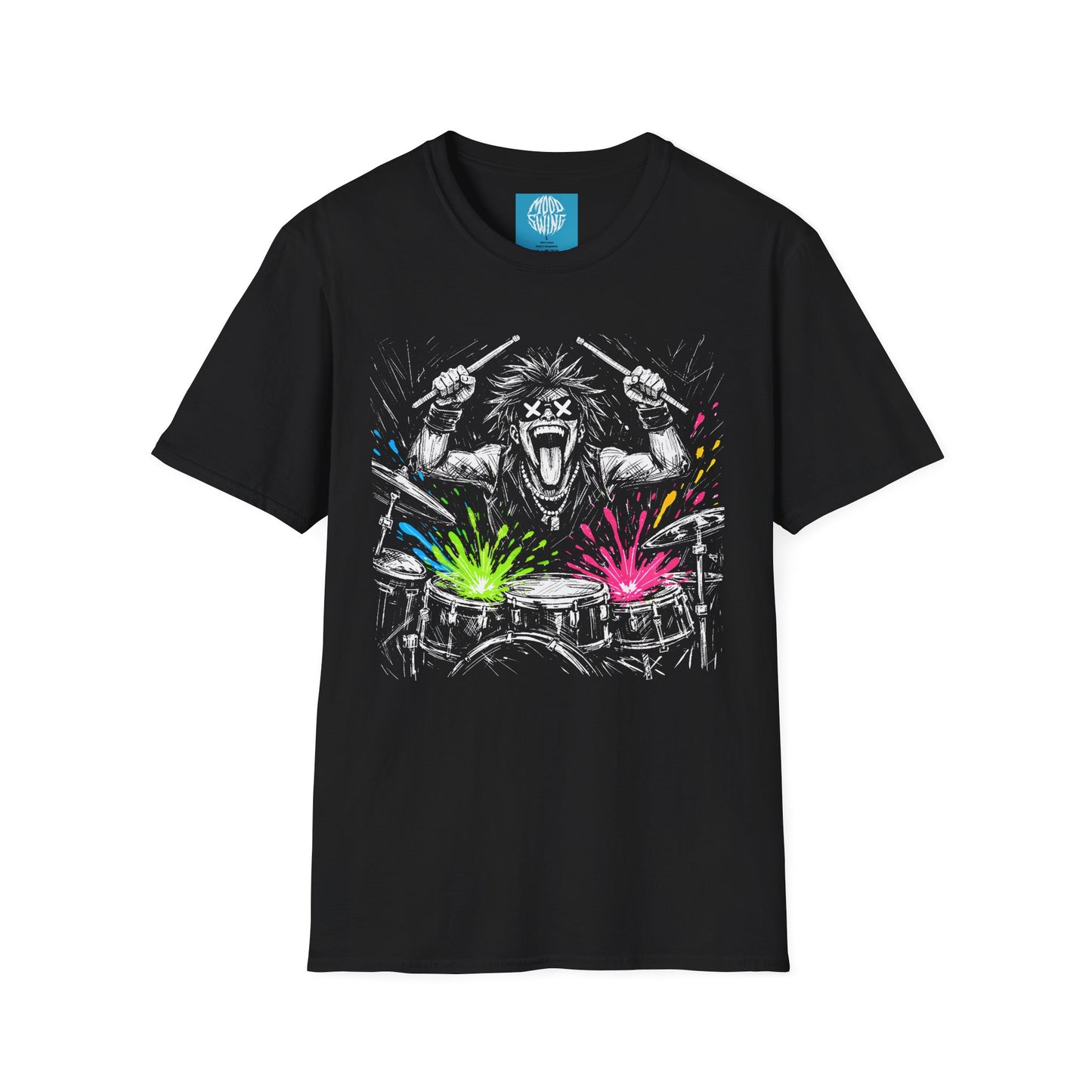 Drumming Graphic T-Shirt — Neon Splash Rock Band Tee