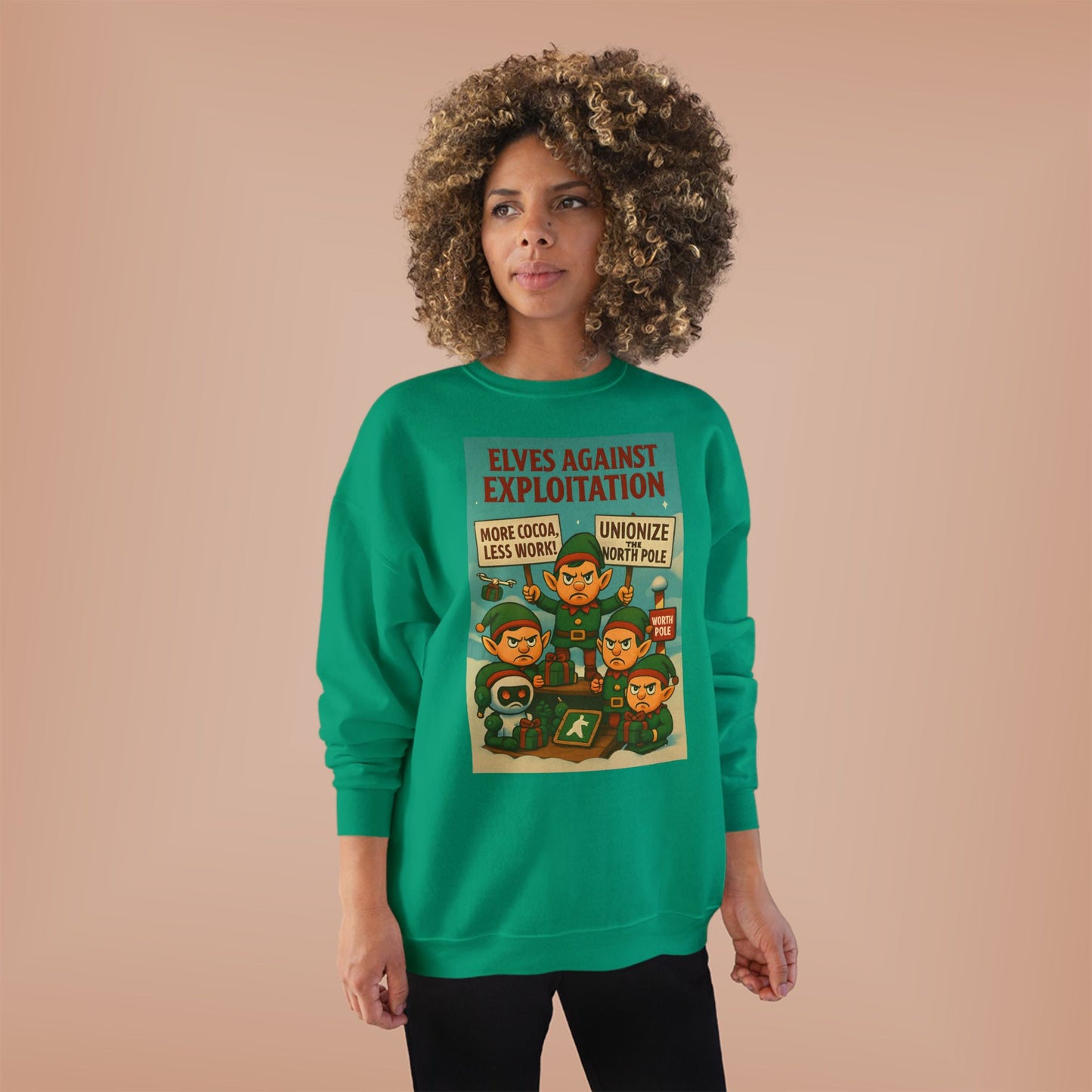 Elves Against Exploitation Sweatshirt, on strike labor — Holiday Activist Crewneck
