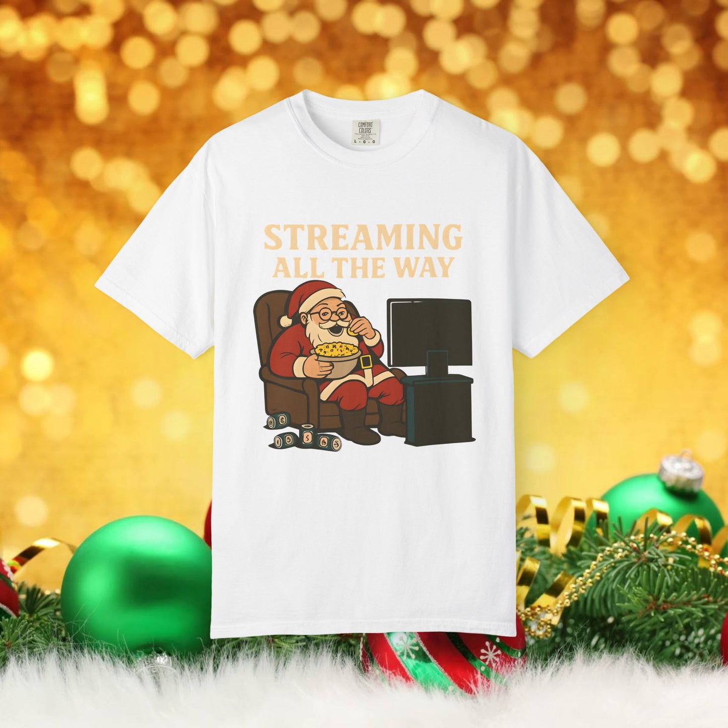 Streaming All The Way Santa Clause Christmas T-Shirt — Funny Santa Binge-Watching Holiday Tee