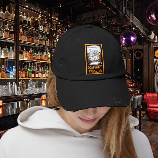 Unisex Distressed Cap - 'On The Rocks' Drink Design for Casual Cool Vibes