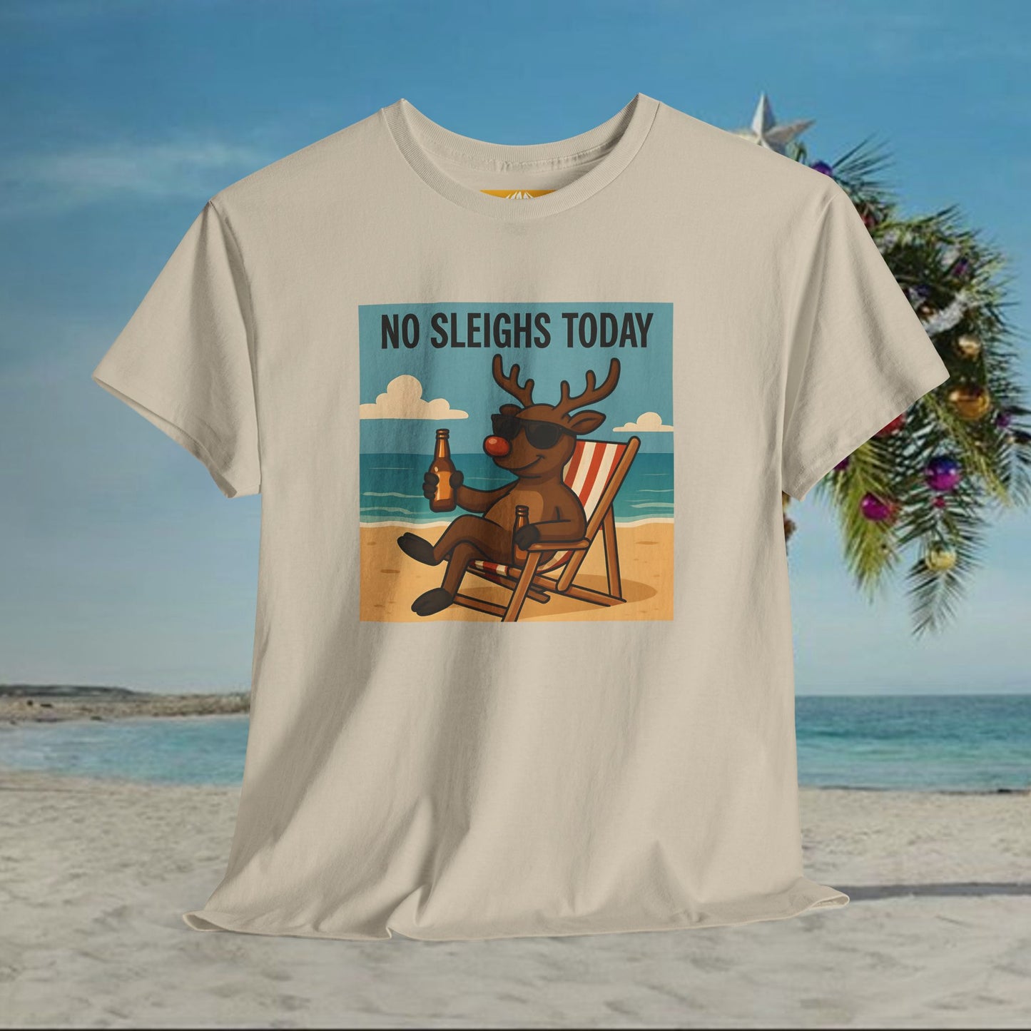 No Sleighs Today Christmas T-Shirt — Relaxing Reindeer Beach Holiday Tee