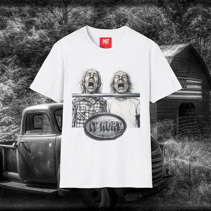 "TWO MEN WALK INTO A BAR" Unisex Softstyle T-Shirt - Graphic Tee for Bar joke fans