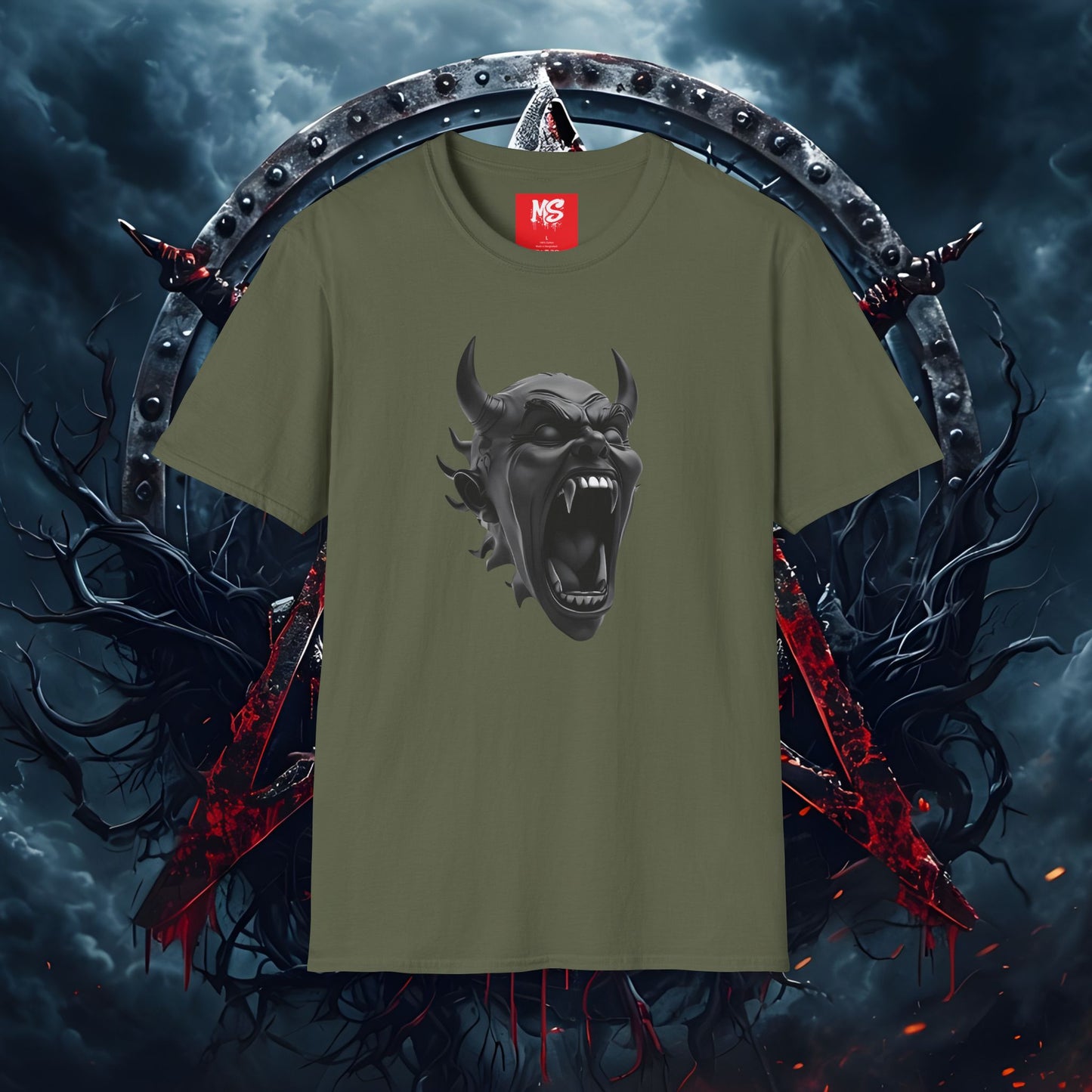 Unisex Demon Face Graphic T-Shirt - Softstyle, Edgy Design for Music Lovers