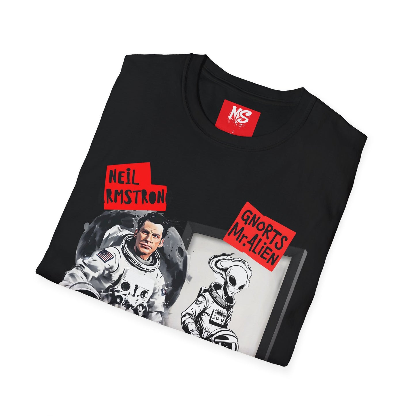 Space Humor Unisex Softstyle T-Shirt - Neil Armstrong & Alien Design