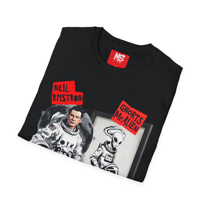 Space Humor Unisex Softstyle T-Shirt - Neil Armstrong & Alien Design