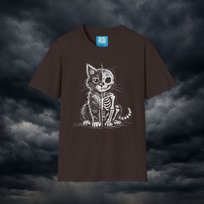 Cat Skeleton T-Shirt — Half-Skull Cute Gothic Cat Tee for Halloween & Cat Lovers