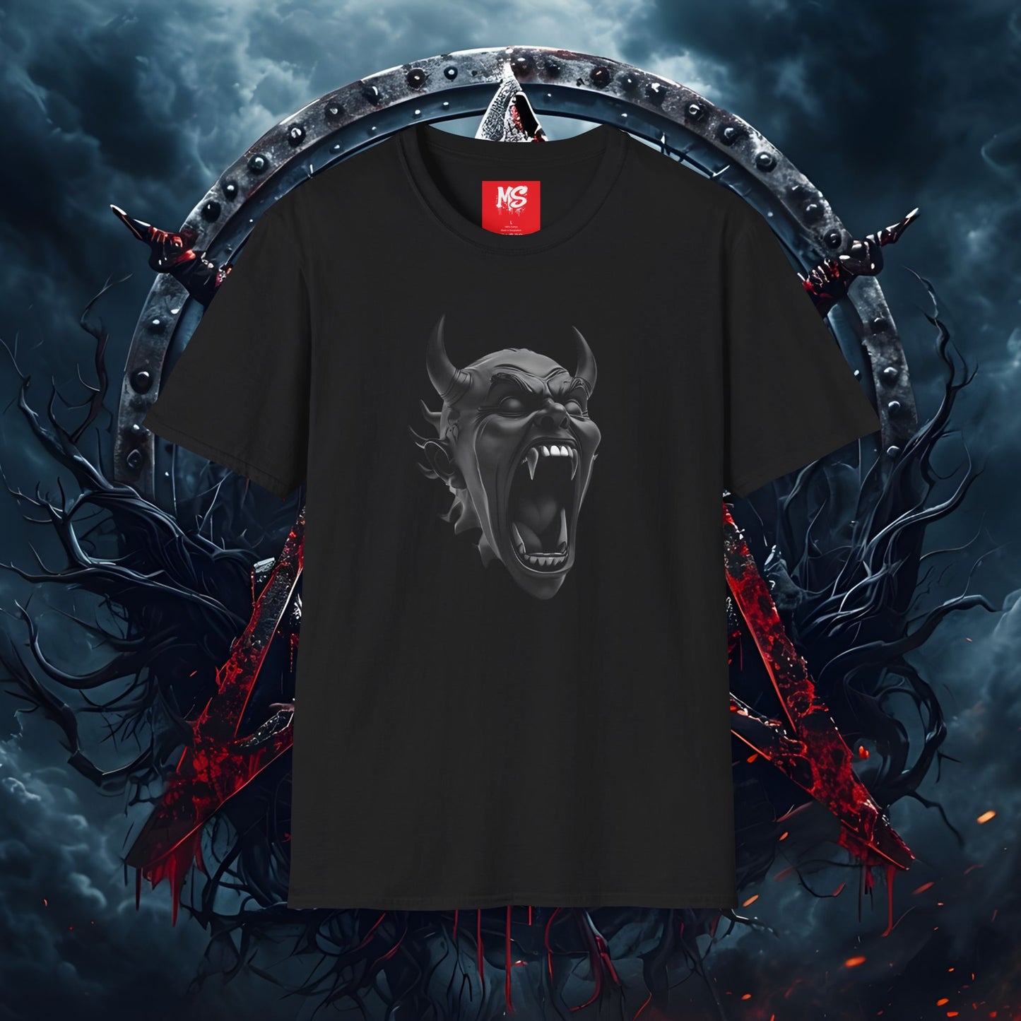 Unisex Demon Face Graphic T-Shirt - Softstyle, Edgy Design for Music Lovers