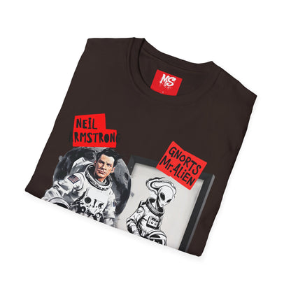 Space Humor Unisex Softstyle T-Shirt - Neil Armstrong & Alien Design
