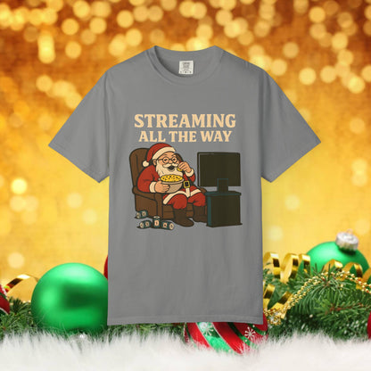 Streaming All The Way Santa Clause Christmas T-Shirt — Funny Santa Binge-Watching Holiday Tee