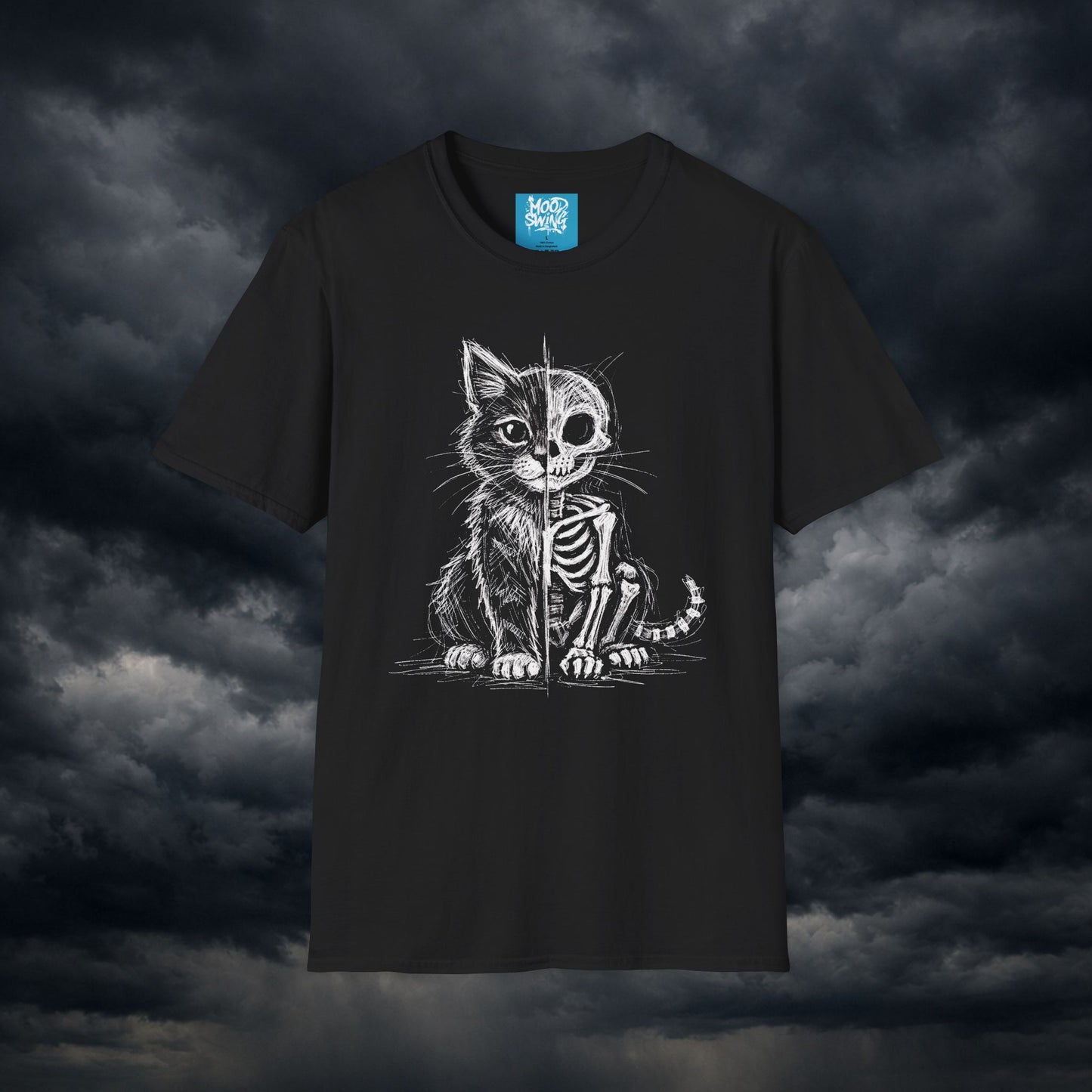 Cat Skeleton T-Shirt — Half-Skull Cute Gothic Cat Tee for Halloween & Cat Lovers