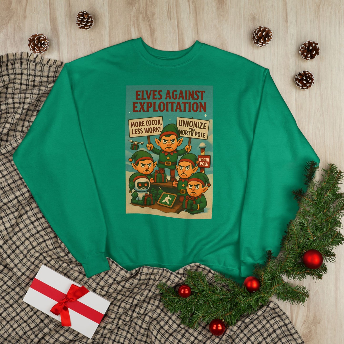 Elves Against Exploitation Sweatshirt, on strike labor — Holiday Activist Crewneck