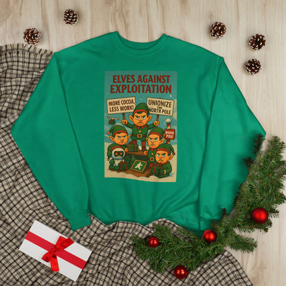 Elves Against Exploitation Sweatshirt, on strike labor — Holiday Activist Crewneck
